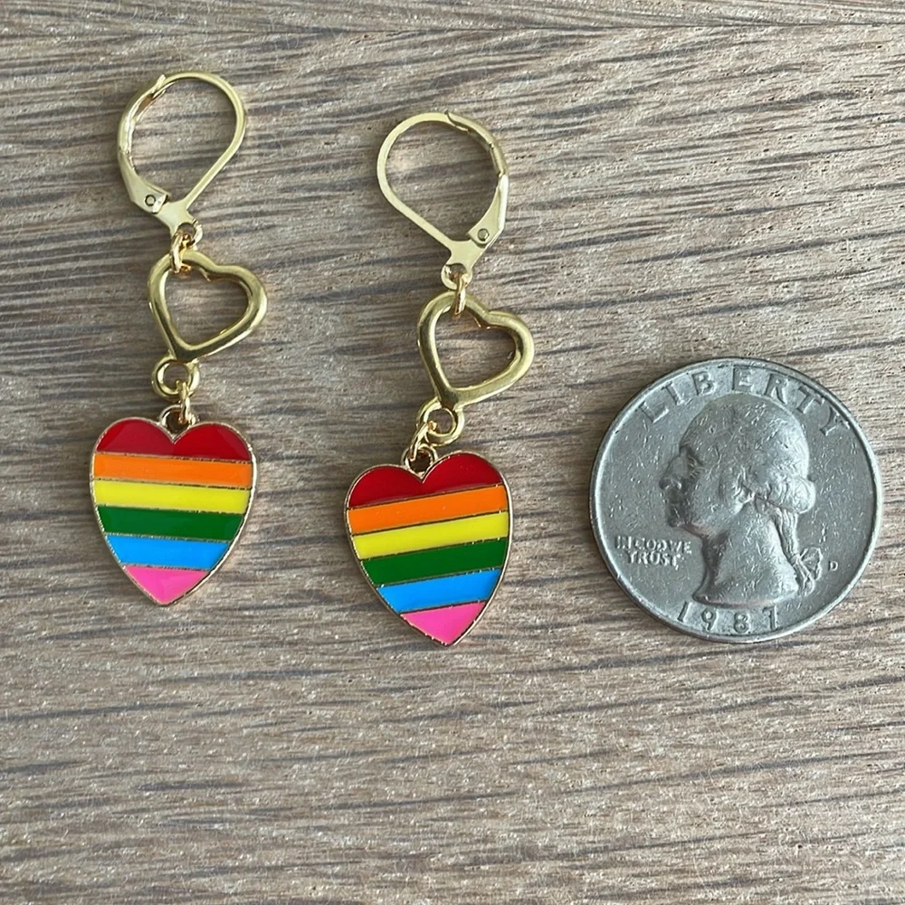 HAND CRAFTED FLOATING HEARTS PRIDE EARRINGS  Pink Blue Green Yellow Orange Red